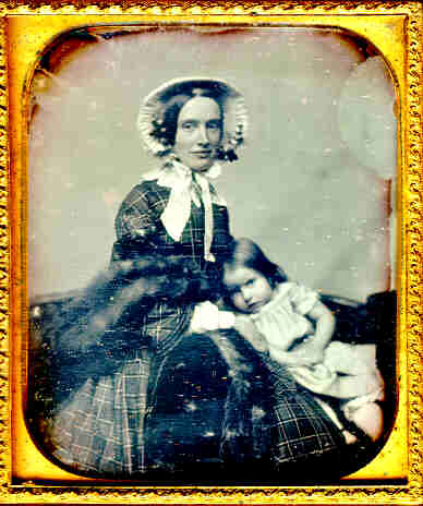 Sixth-plate daguerreotype of Woman in Bonnet and Timid Child